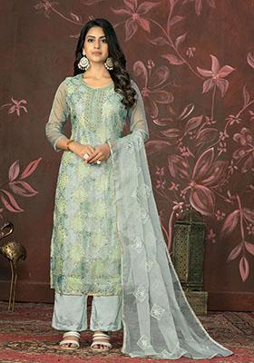 Grey Embroidered Organza Dress Material
