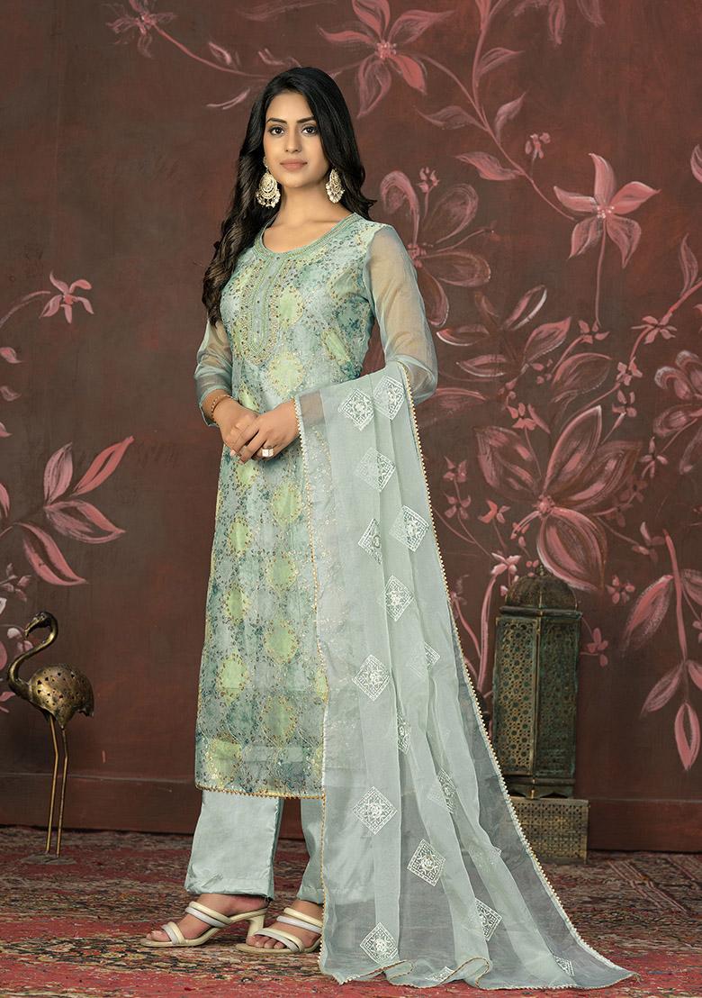 Grey Embroidered Organza Dress Material