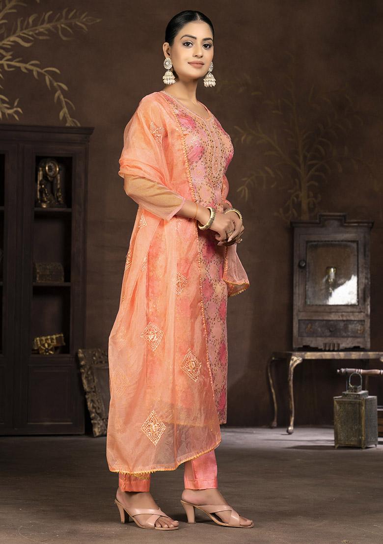 Peach Embroidered Cotton Dress Material