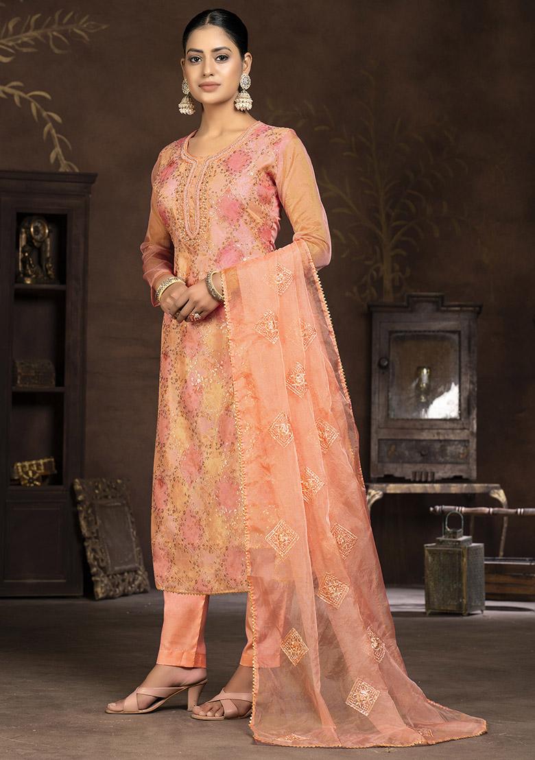 Peach Embroidered Cotton Dress Material