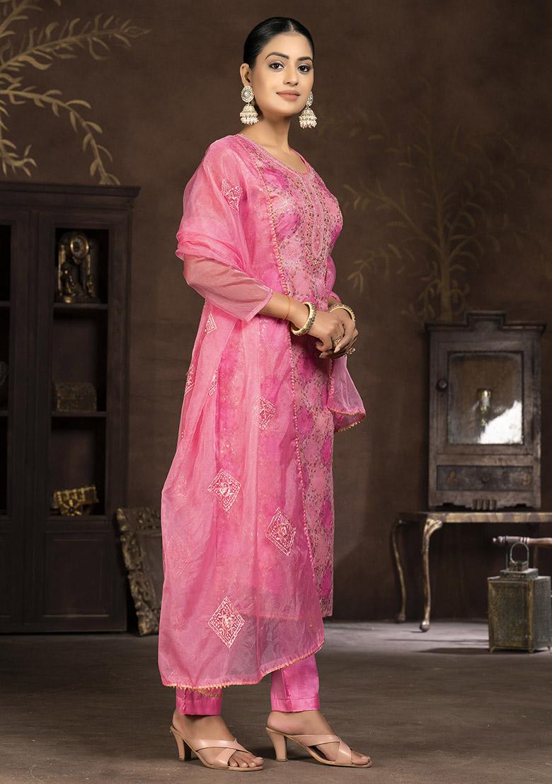Pink Embroidered Cotton Dress Material