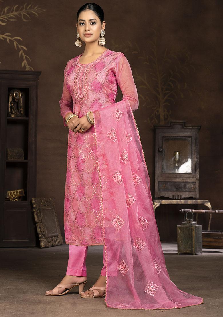 Pink Embroidered Cotton Dress Material