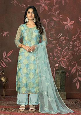 Turquoise Blue Embroidered Cotton Dress Material