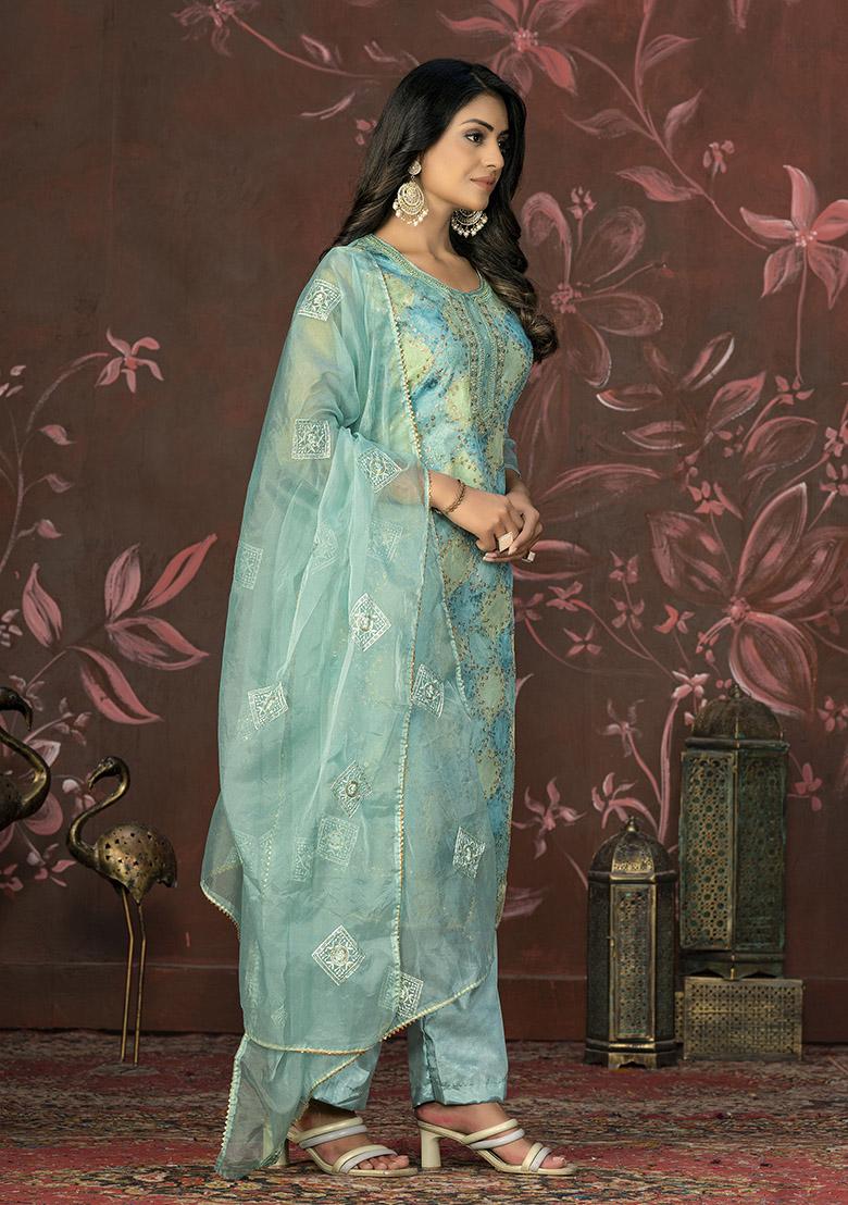 Turquoise Blue Embroidered Cotton Dress Material