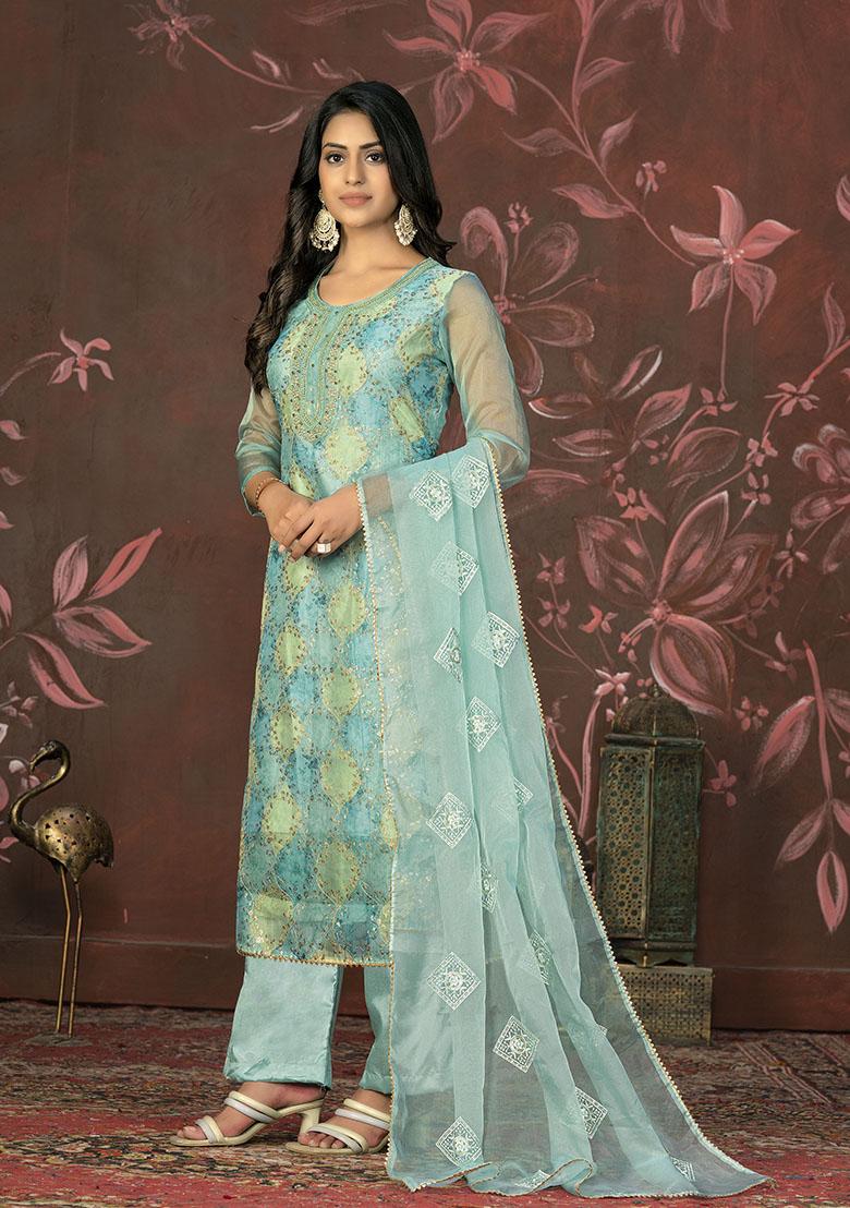 Turquoise Blue Embroidered Cotton Dress Material