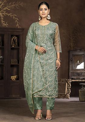 Green Embroidered Cotton Dress Material