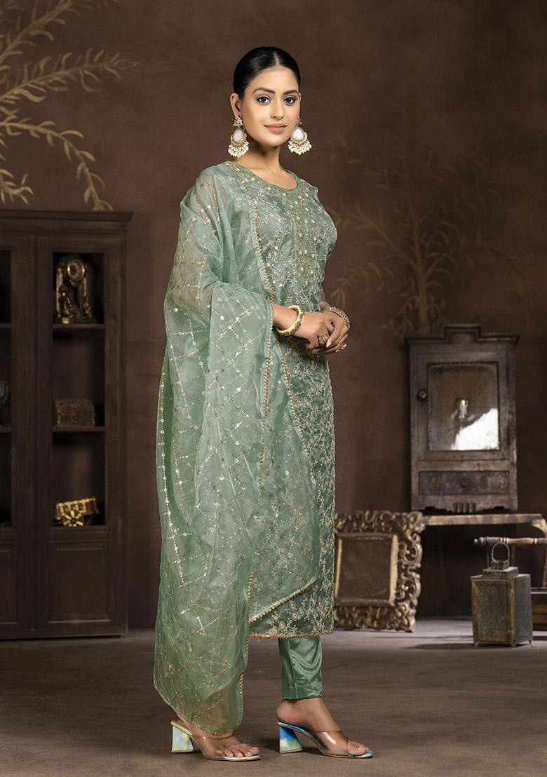 Green Embroidered Cotton Dress Material