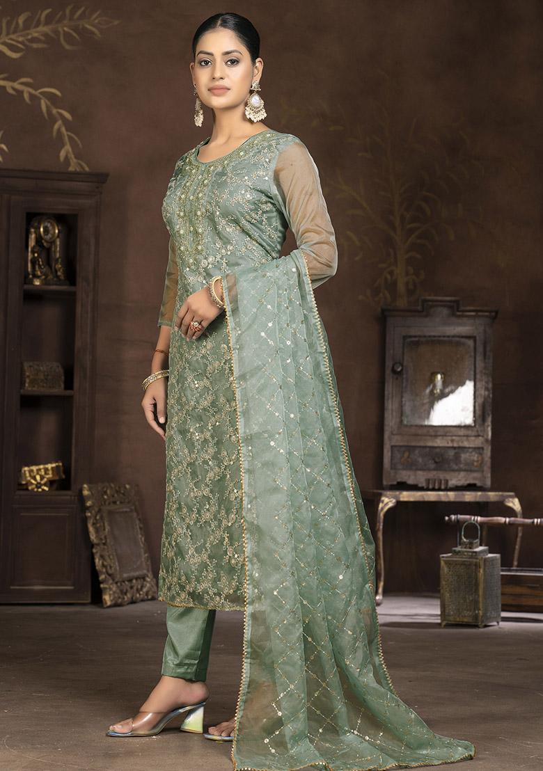 Green Embroidered Cotton Dress Material
