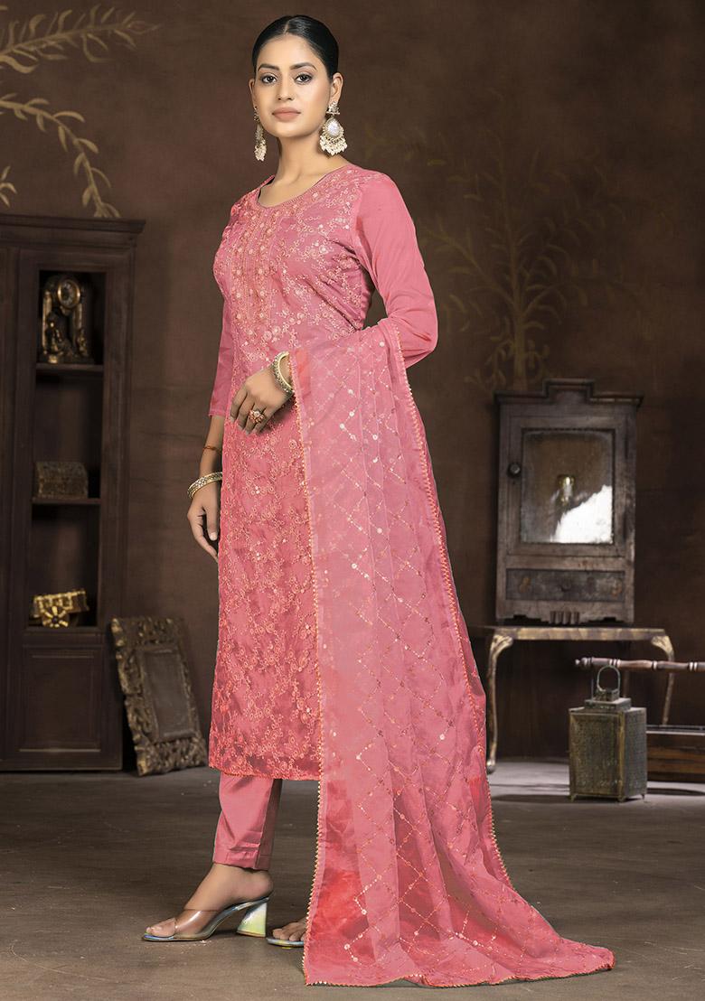 Peach Printed Cotton Dress Material