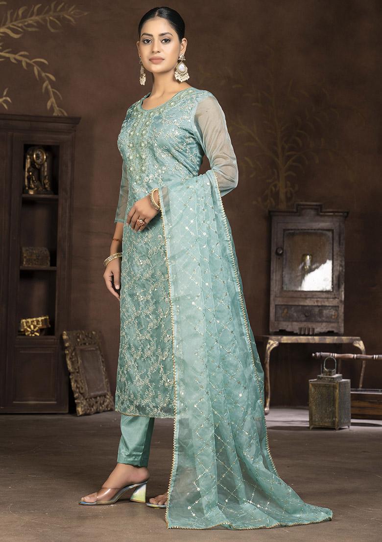 Turquoise Blue Printed Cotton Dress Material