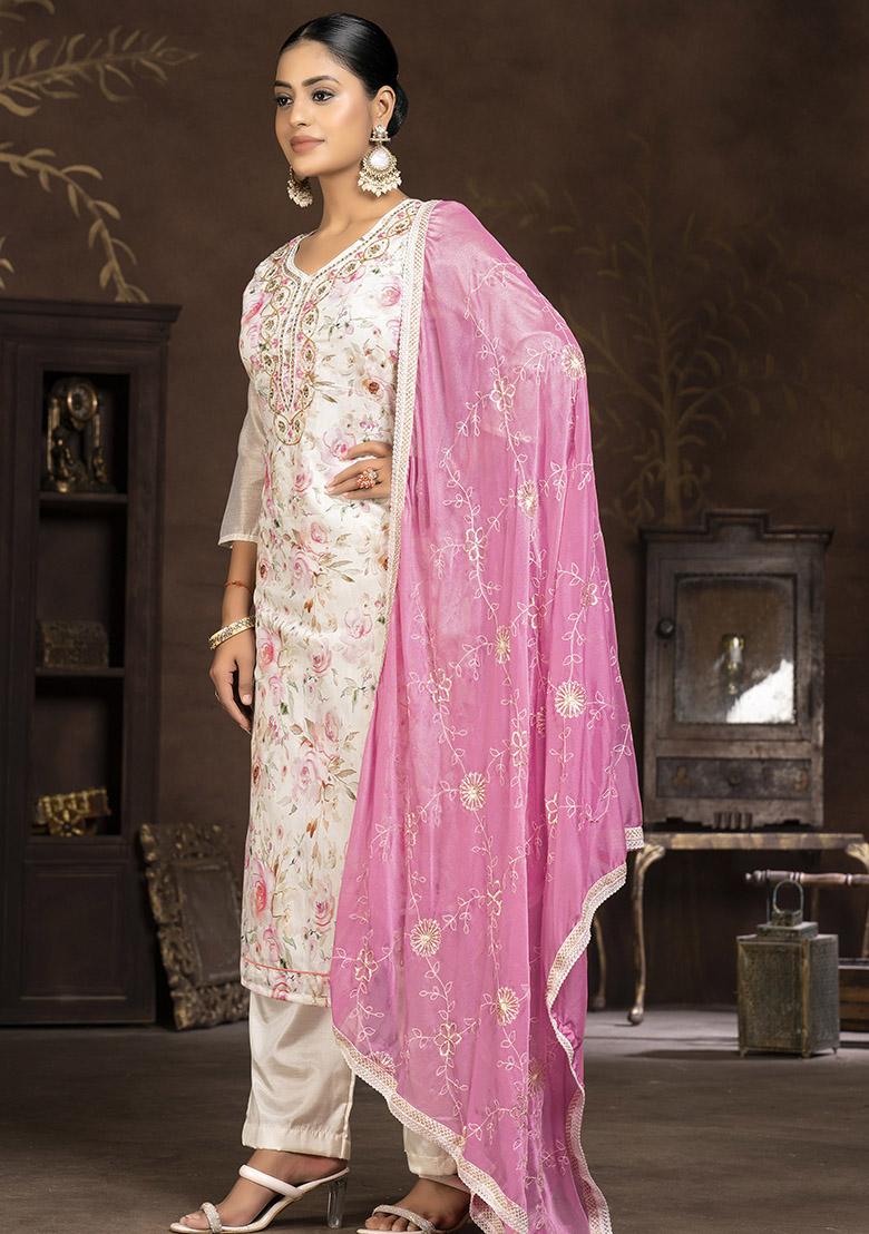 Pink Printed Cotton Dress Material