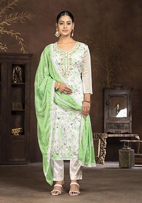 Pista Green Printed Chanderi Dress Material