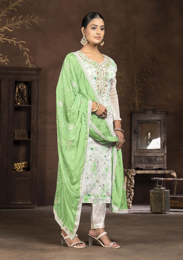 Pista Green Printed Chanderi Dress Material