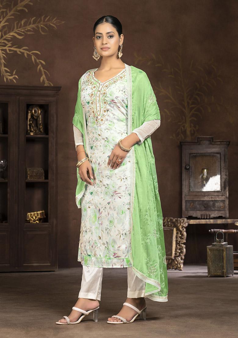 Pista Green Printed Chanderi Dress Material
