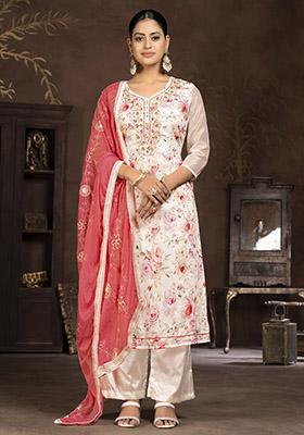 Red Printed Chanderi Dress Material