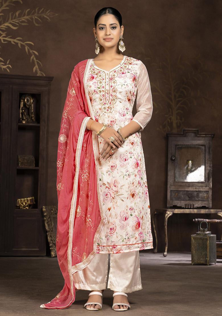 Red Printed Chanderi Dress Material