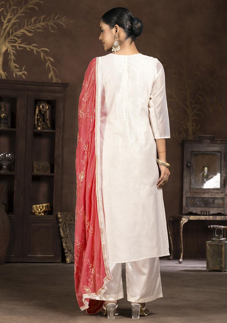 Red Printed Chanderi Dress Material