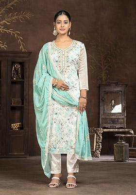 Turquoise Blue Printed Chanderi Dress Material