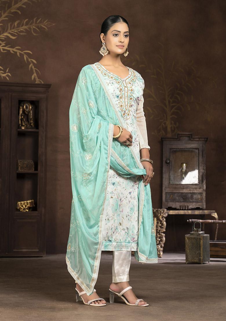 Turquoise Blue Printed Chanderi Dress Material