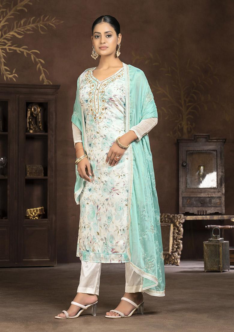 Turquoise Blue Printed Chanderi Dress Material