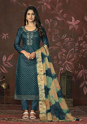 Bottel Green Printed Chanderi Dress Material