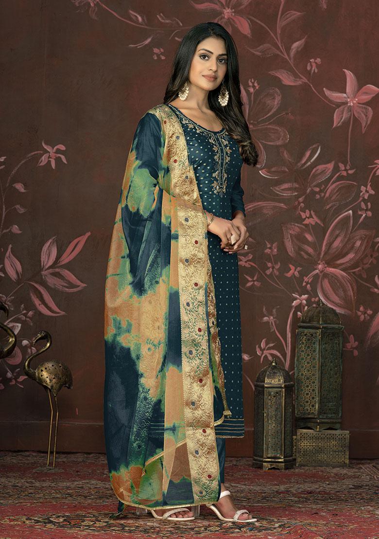 Bottel Green Printed Chanderi Dress Material