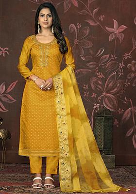 Mustard Yellow Embroidered Silk Dress Material