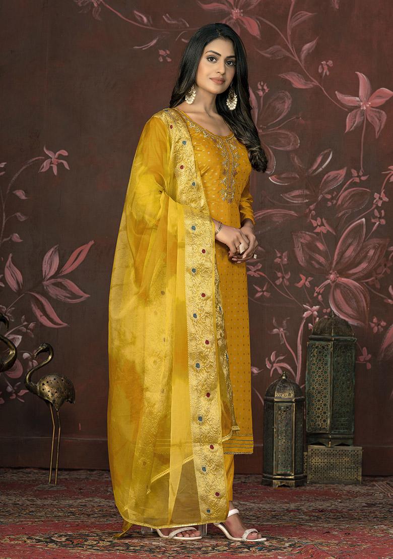 Mustard Yellow Embroidered Silk Dress Material