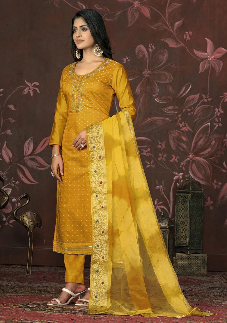 Mustard Yellow Embroidered Silk Dress Material