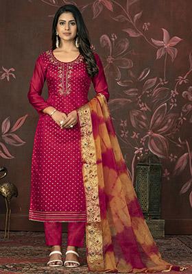 Peach Embroidered Silk Dress Material