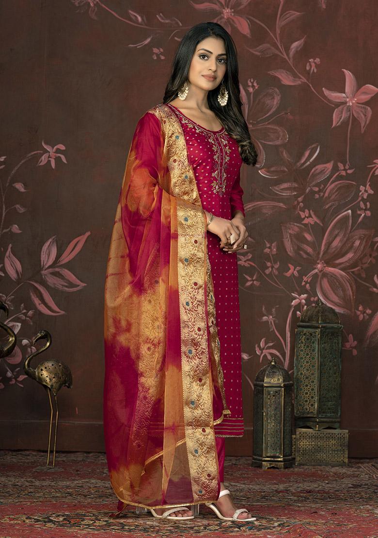 Peach Embroidered Silk Dress Material