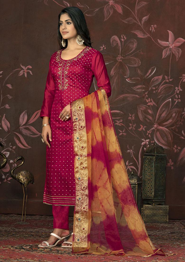 Peach Embroidered Silk Dress Material