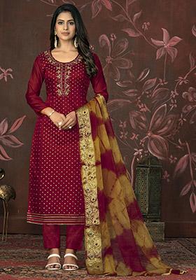 Red Embroidered Silk Dress Material