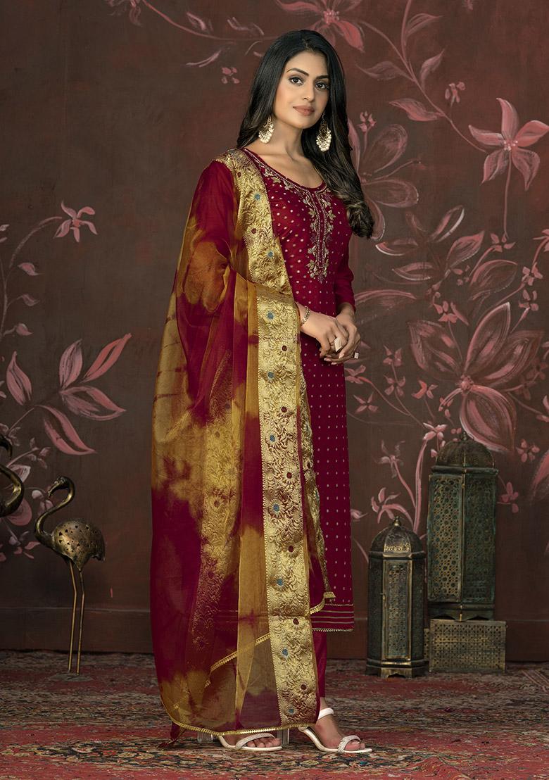 Red Embroidered Silk Dress Material
