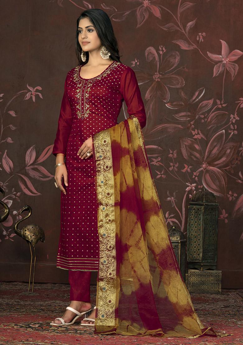 Red Embroidered Silk Dress Material