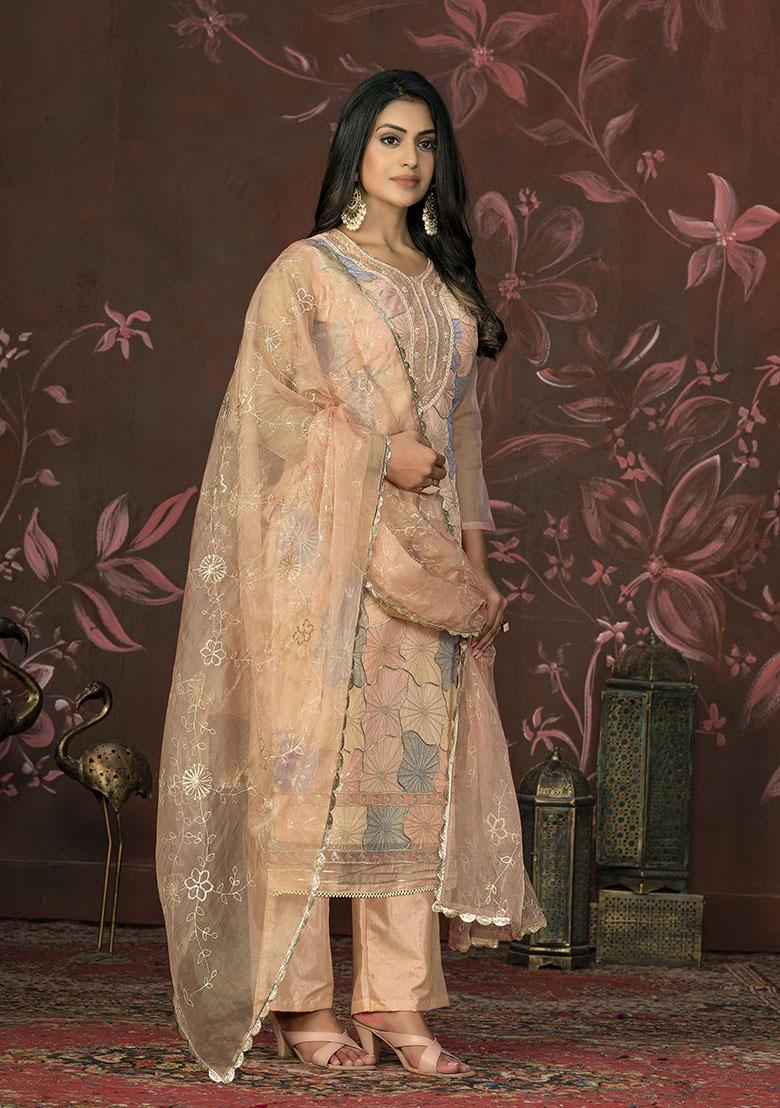 Cream Embroidered Silk Dress Material