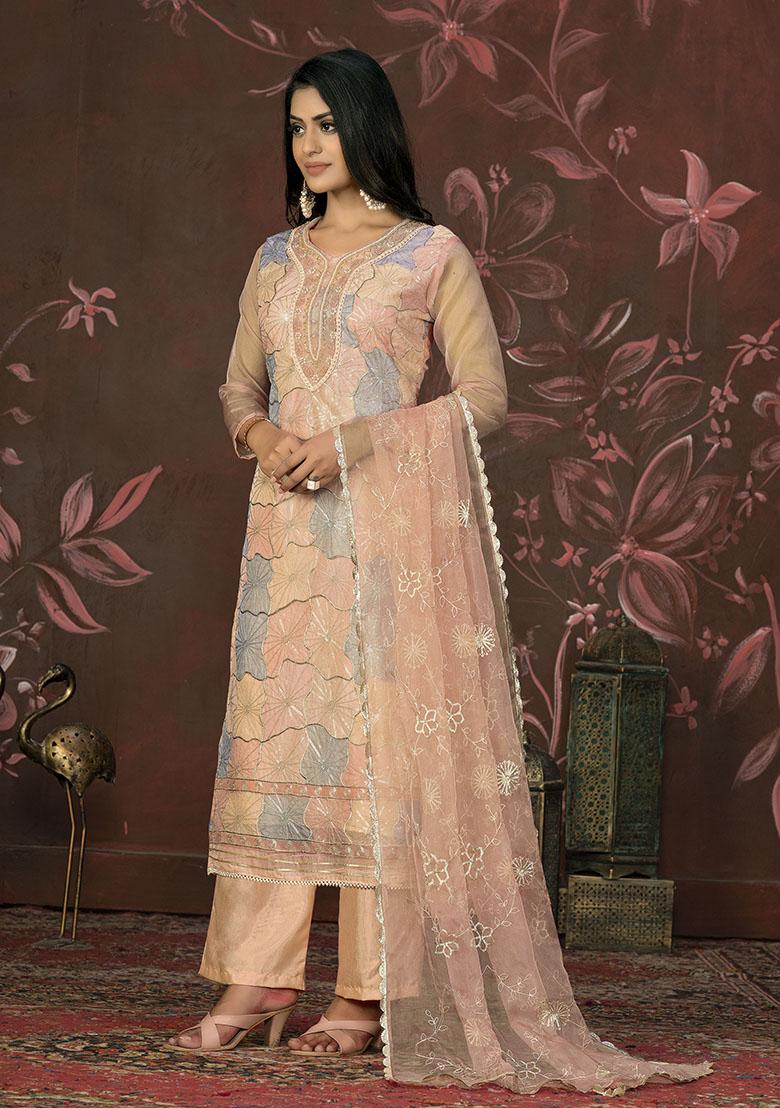 Cream Embroidered Silk Dress Material