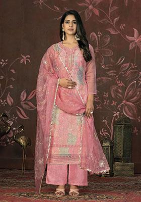 Peach Embroidered Silk Dress Material
