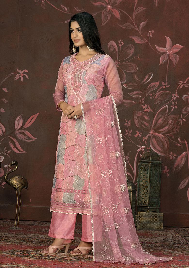 Peach Embroidered Silk Dress Material