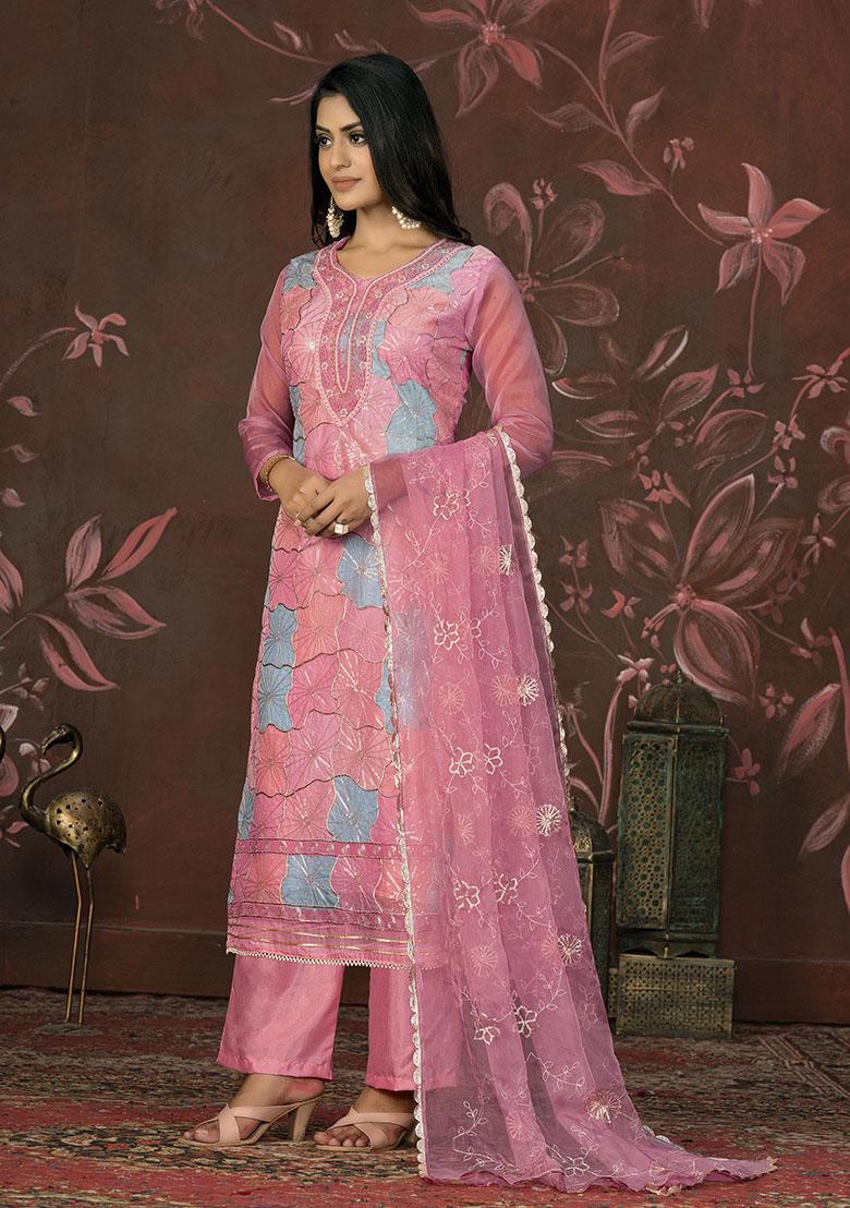 Pink Printed Organza Dress Material