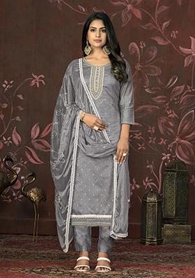 Grey Printed Organza Dress Material