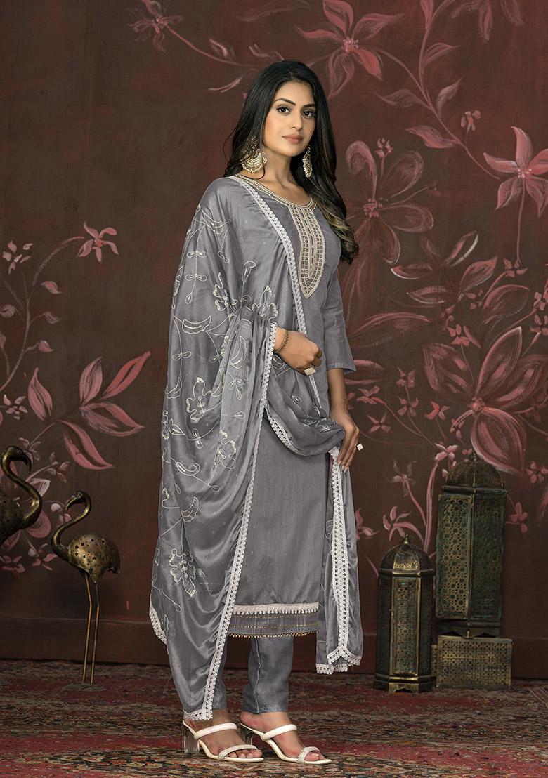 Grey Printed Organza Dress Material