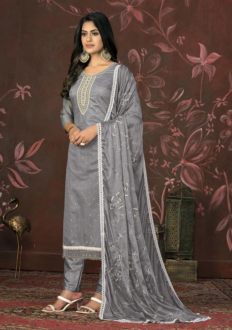 Grey Printed Organza Dress Material