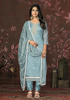 Turquoise Blue Printed Organza Dress Material