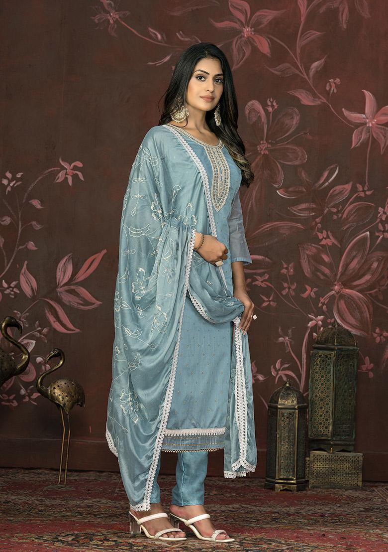 Turquoise Blue Printed Organza Dress Material