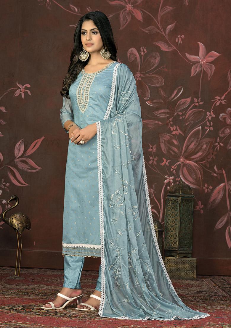 Turquoise Blue Printed Organza Dress Material