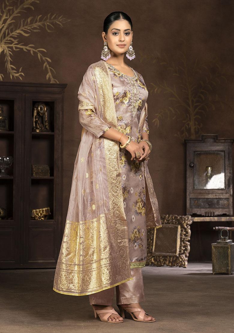 Pink Printed Organza Dress Material