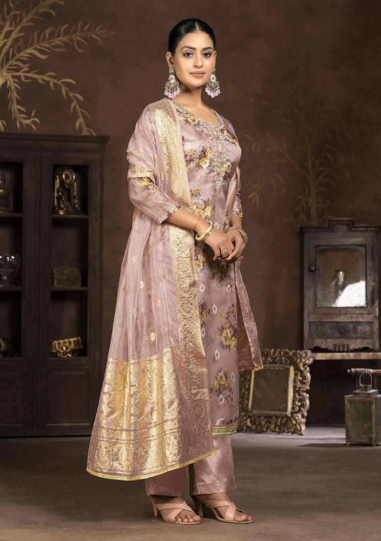 Peach Printed Organza Dress Material