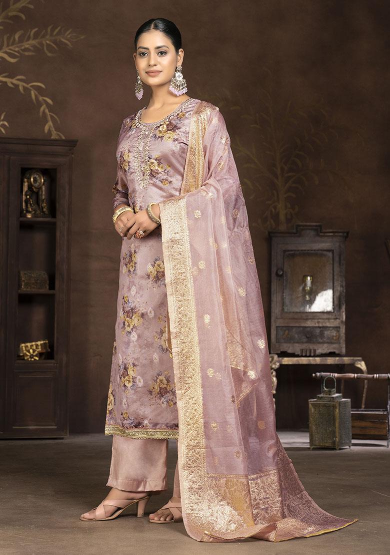 Peach Printed Organza Dress Material