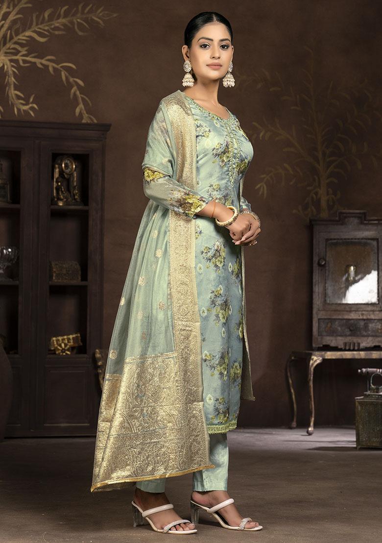 Pista Green Printed Organza Dress Material